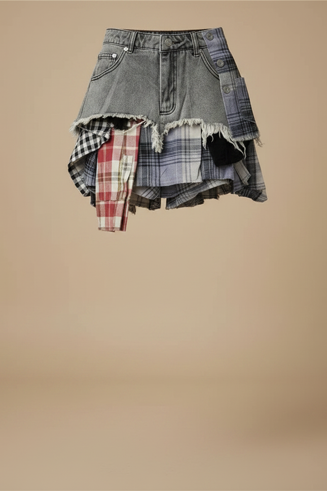 Pantalon Jupe Denim Patchwork Asymétrique Carreaux Effiloché Mini - Multicolore Jean - vue 3