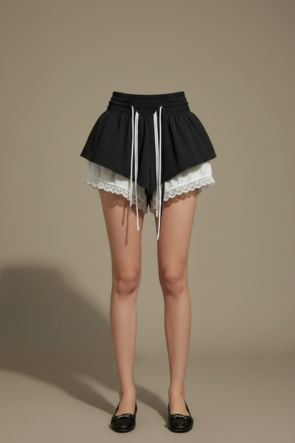 Pantalon Jupe Noir Volants Dentelle Élastique Kawaii - Polyester - vue 3