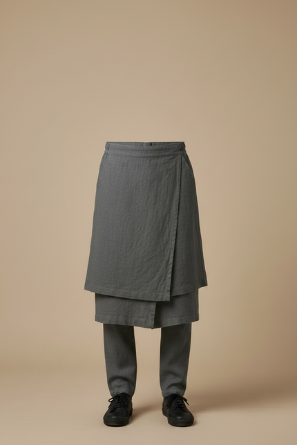 Pantalon Jupe Gris Lin Drapé Asymétrique Homme - vue 3