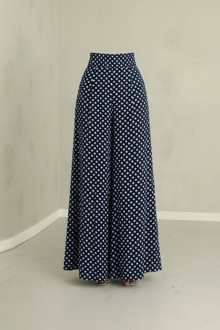 Pantalon Jupe Bleu Pois Maxi Fluide Élégant - Marine Viscose - vue 3