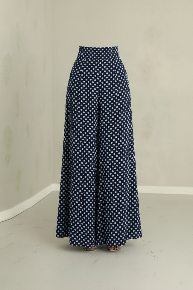 Pantalon Jupe Bleu Pois Maxi Fluide Élégant - Marine Viscose - vue 3