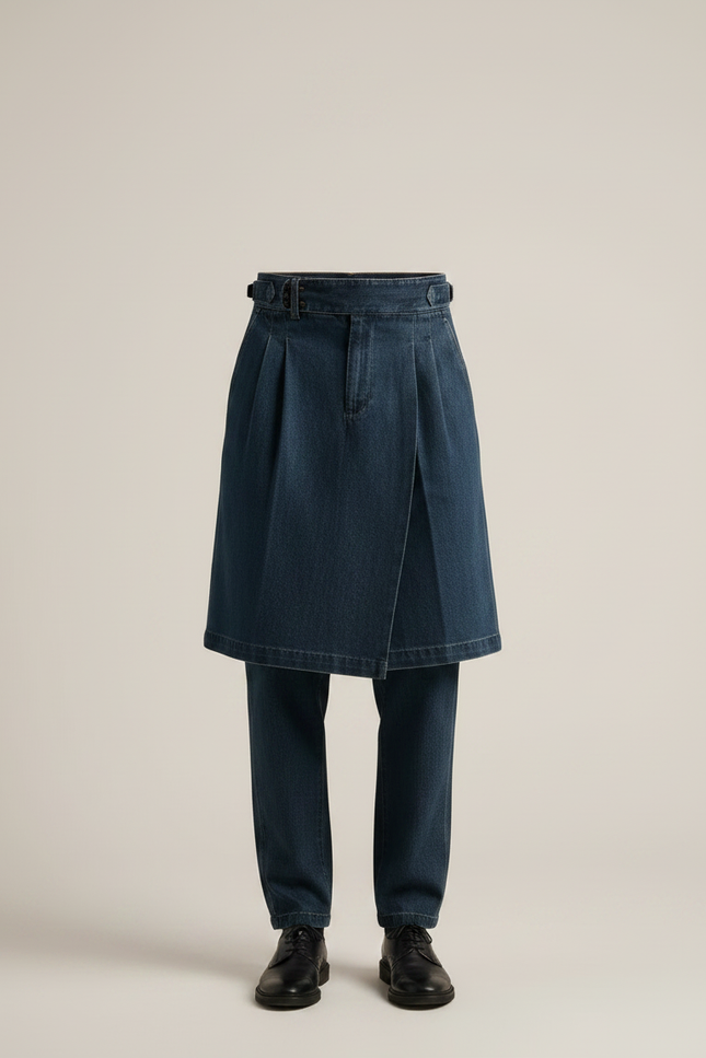Pantalon Jupe Jean Bleu Plissé Ample Décontracté - vue 3