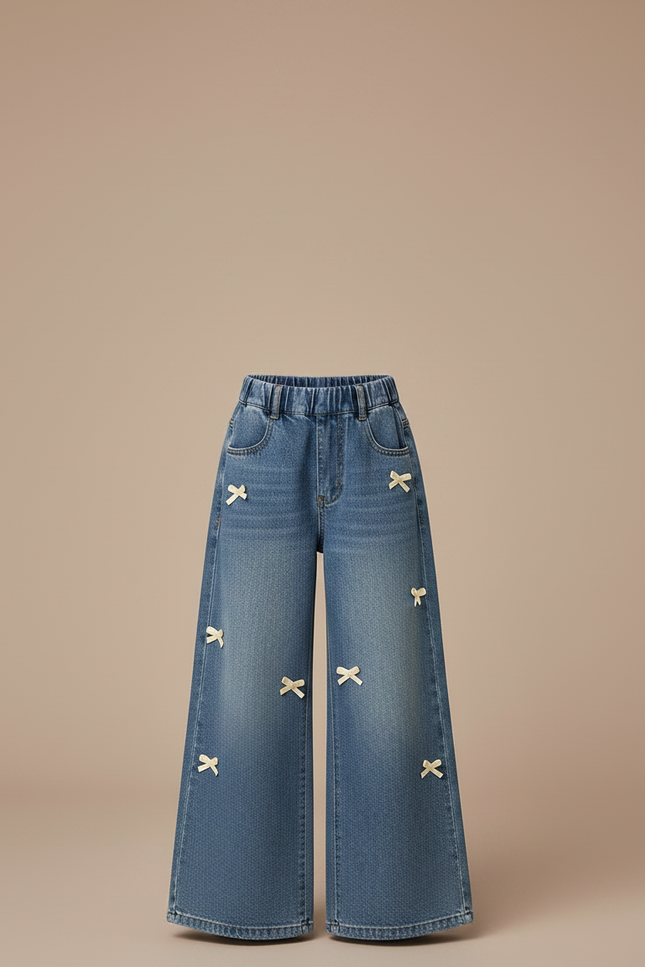 Pantalon Jupe Jeans Ample Nœuds Décoratifs Fille - Bleu - vue 3
