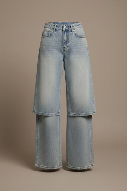 Pantalon Jupe Jean Bleu Clair Superposé Ample - vue 3