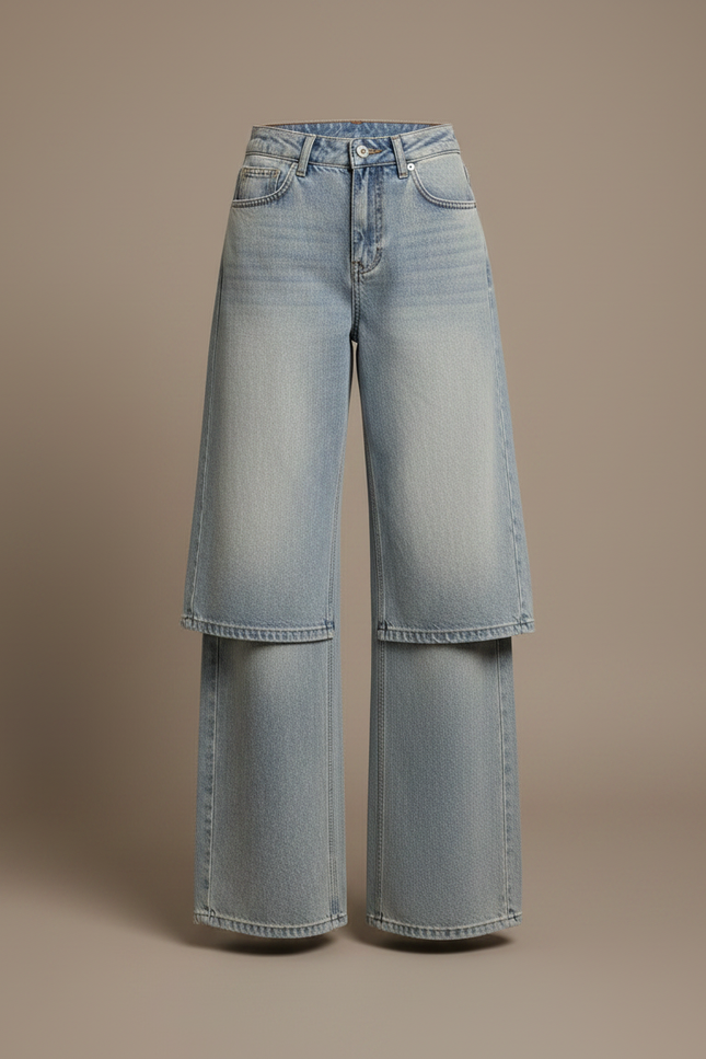 Pantalon Jupe Jean Bleu Clair Superposé Ample - vue 3