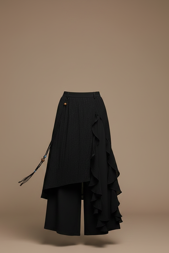 Pantalon Jupe Noir Asymétrique Volants Texturé Fluide - Viscose - vue 3
