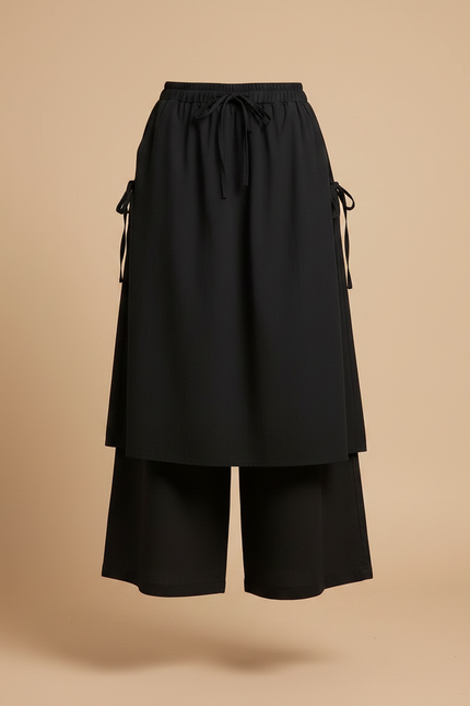 Pantalon Jupe Noir Ample Coton Superposé Décontracté Femme - vue 3