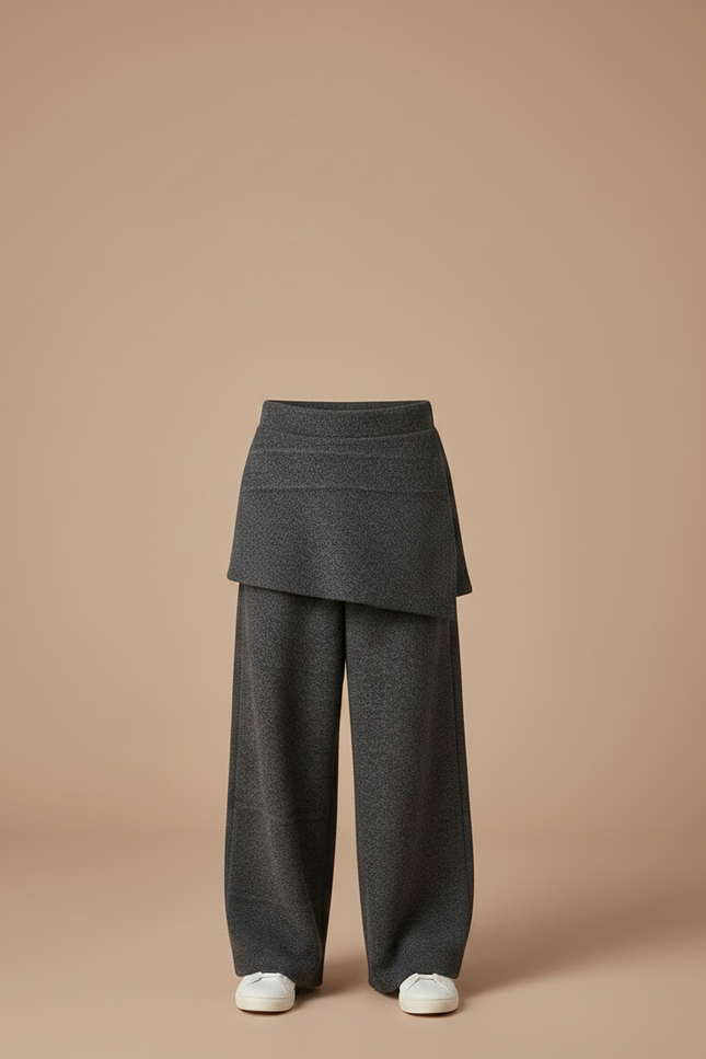 Pantalon Jupe Gris Ample Laine Superposé Confortable - Maille - vue 3