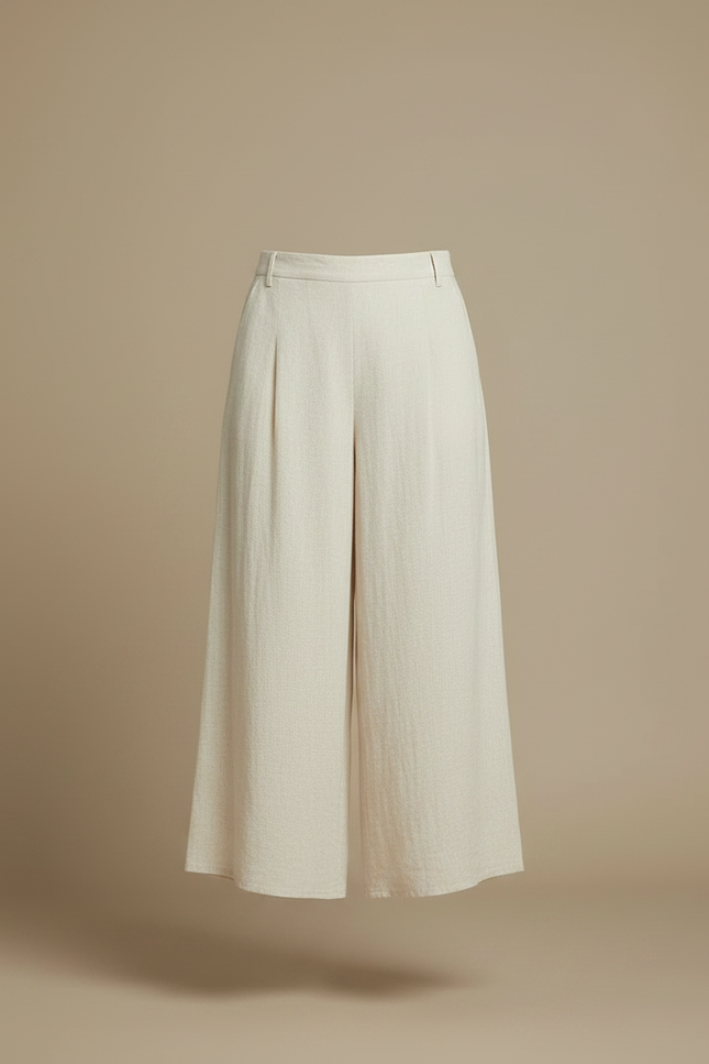 Pantalon Jupe Lin Coton Ample Fendu Beige Décontracté - vue 3