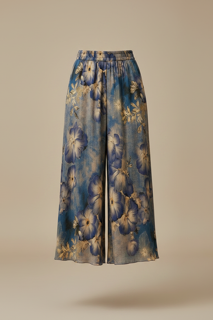 Pantalon Jupe Bleu Floral Ample Fluide Élégant - Viscose - vue 3