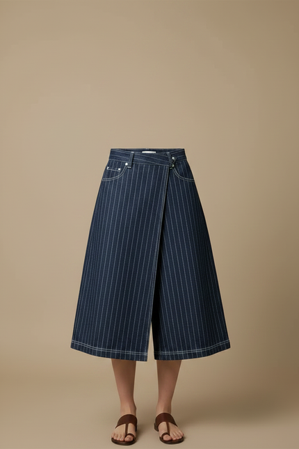 Pantalon Jupe Denim Bleu Rayé Portefeuille Élégant - Marine Jean - vue 3