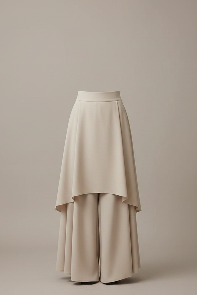 Pantalon Jupe Beige Superposé Fluide Élégant Femme - Polyester - vue 3
