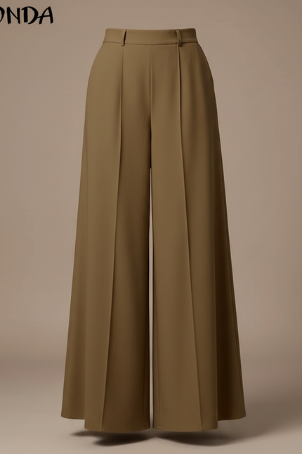 Pantalon Jupe Marron Plissé Ample Élégant Long - Kaki Gabardine - vue 3
