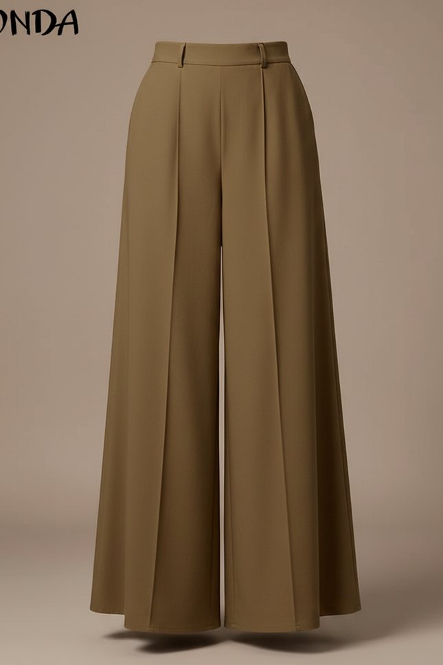 Pantalon Jupe Marron Plissé Ample Élégant Long - Kaki Gabardine - vue 3