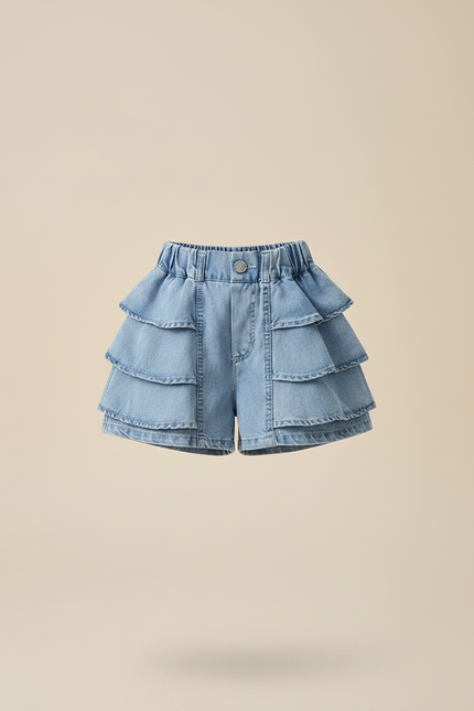 Pantalon Jupe Denim Bleu Superposé Volants Élastique Fille - Jean - vue 3