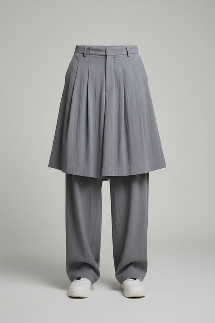Pantalon Jupe Gris Plissé Superposé Ample Fluide Décontracté - Lin - vue 3