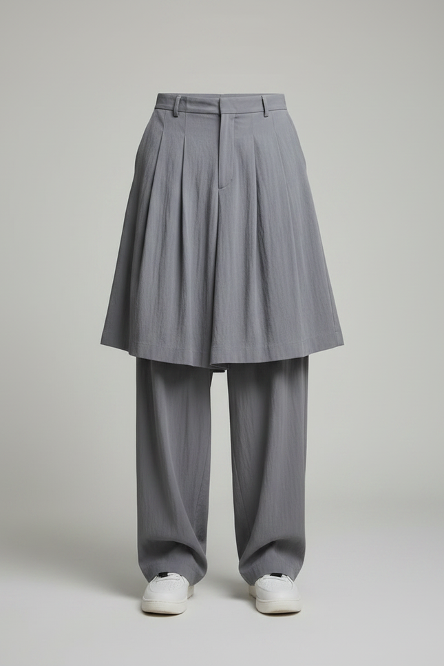 Pantalon Jupe Gris Plissé Superposé Ample Fluide Décontracté - Lin - vue 3