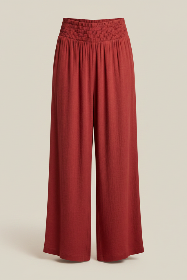 Pantalon Jupe Rouge Ample Fluide Smocké Décontracté - Viscose - vue 3