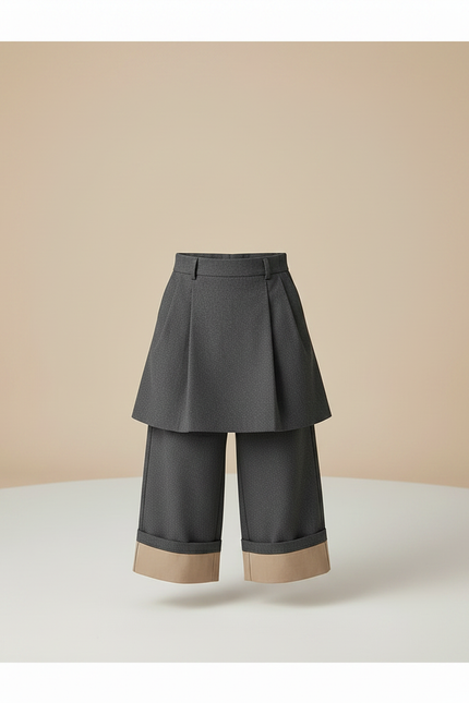 Pantalon Jupe Gris Plissé Ample Garçon Élégant - Tweed - vue 3
