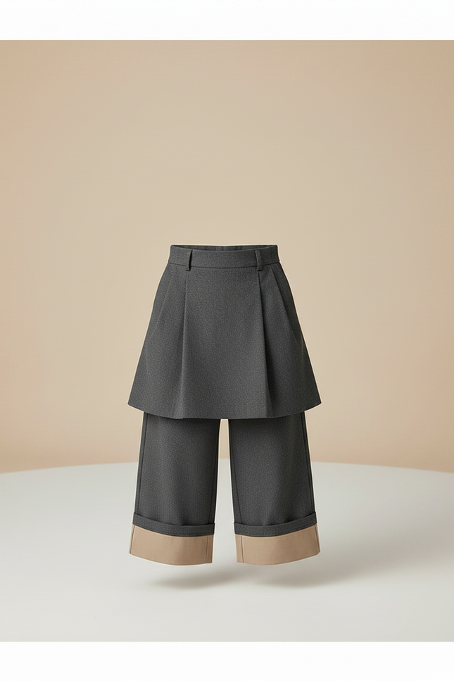 Pantalon Jupe Gris Plissé Ample Garçon Élégant - Tweed - vue 3