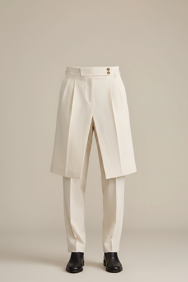 Pantalon Jupe Écru Superposé Plissé Élégant Homme - Beige Gabardine - vue 3