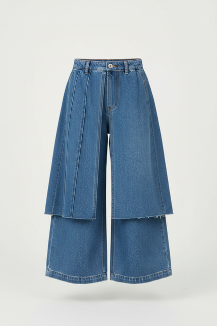 Pantalon Jupe Denim Bleu Ample Superposé Décontracté Fille - Jean - vue 3
