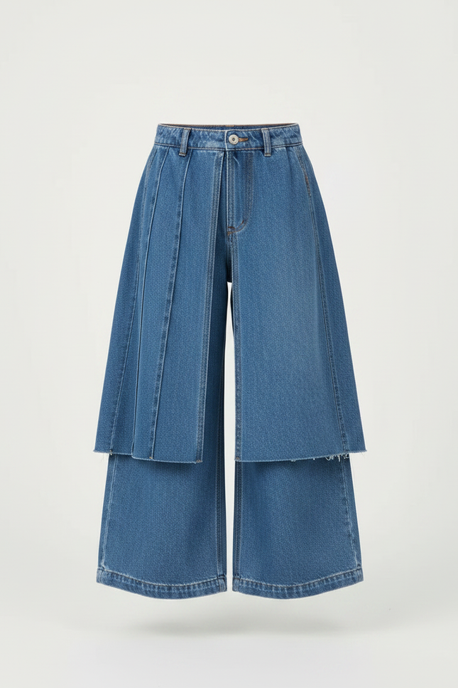 Pantalon Jupe Denim Bleu Ample Superposé Décontracté Fille - Jean - vue 3
