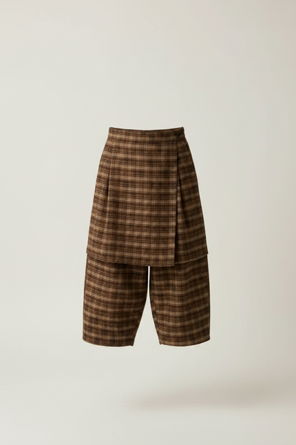 Pantalon Jupe Marron Plaid Ample Épais Garçon - Tweed - vue 3