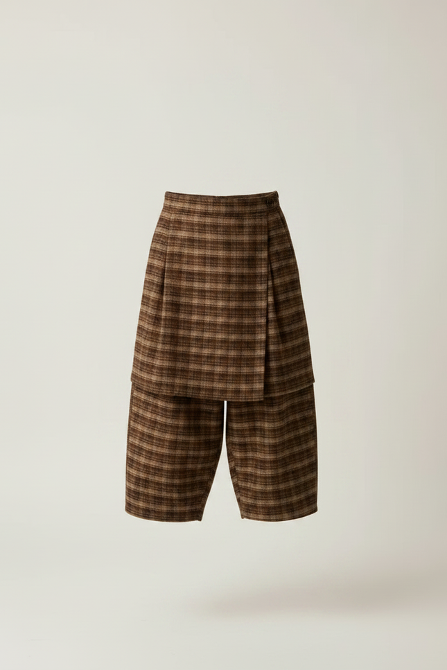 Pantalon Jupe Marron Plaid Ample Épais Garçon - Tweed - vue 3