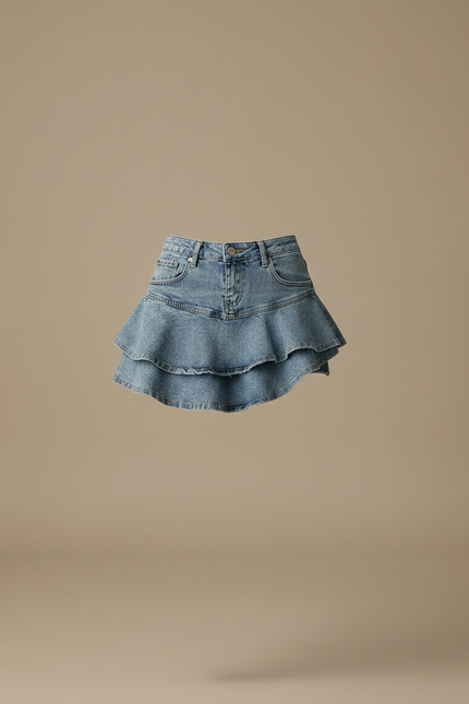 Pantalon Jupe Denim Bleu Volants Superposés Femme - Jean - vue 3