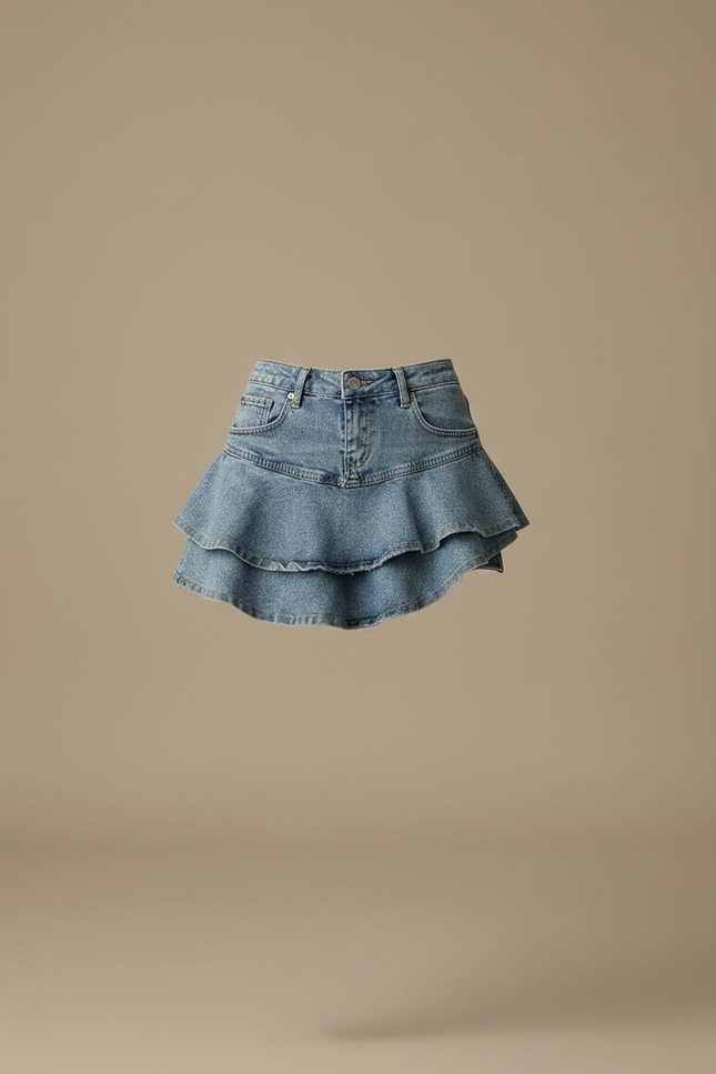 Pantalon Jupe Denim Bleu Volants Superposés Femme - Jean - vue 3