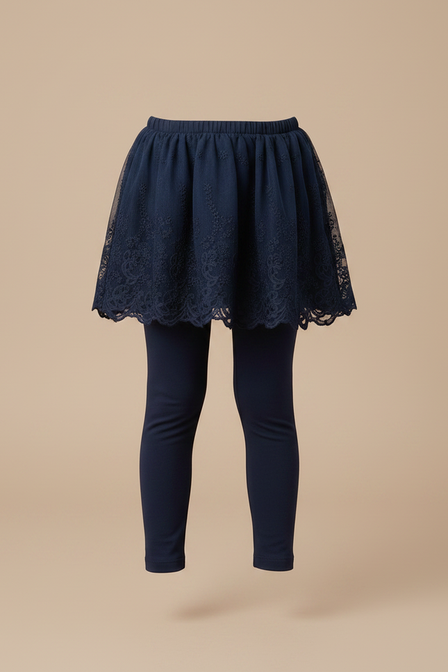 Pantalon Jupe Marine Dentelle Superposée Coton Confortable Fille - vue 3