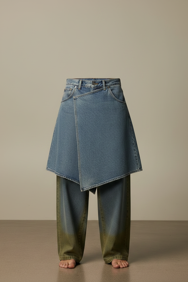 Pantalon Jupe Denim Bleu Ample Dégradé Vert - Multicolore Jean - vue 3