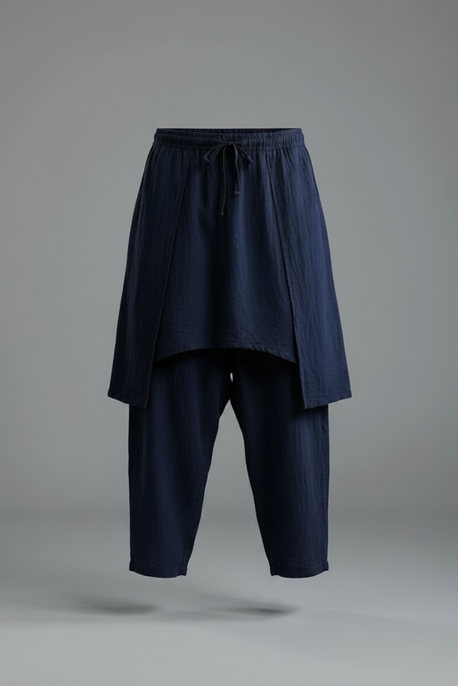 Pantalon Jupe Ample Coton Lin Bleu Marine - vue 3