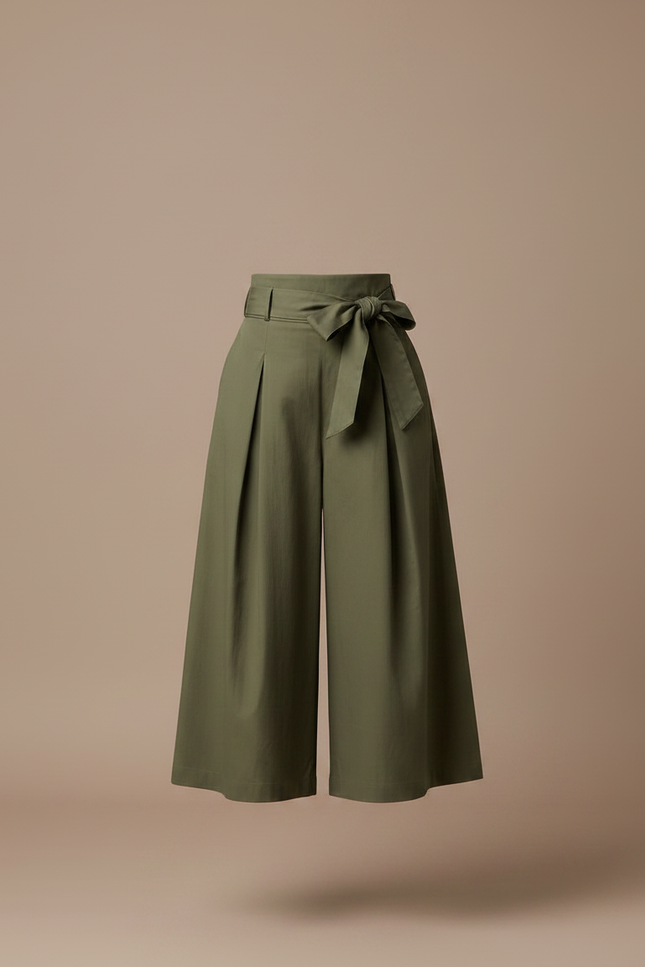 Pantalon Jupe Kaki Longue Plissée Ceinture Nœud Élégante - Toile - vue 3