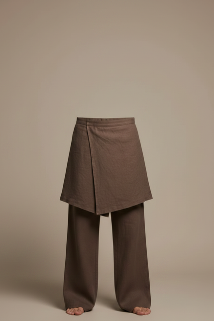 Pantalon Jupe Marron Lin Drapé Ample Homme - vue 3