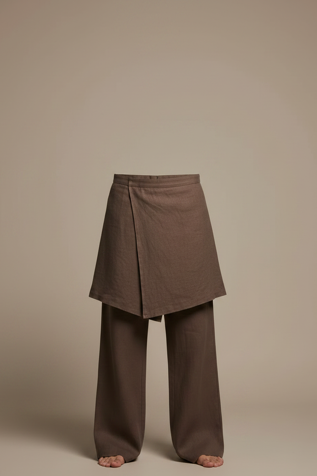 Pantalon Jupe Marron Lin Drapé Ample Homme - vue 3
