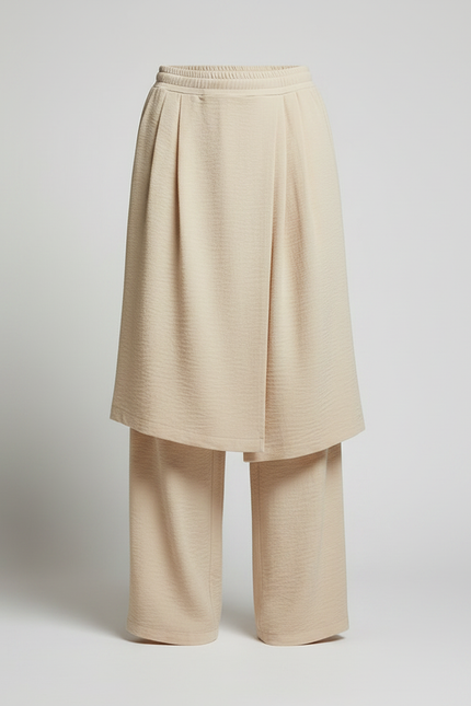 Pantalon Jupe Beige Plissé Ample Superposé Fluide - Viscose - vue 3