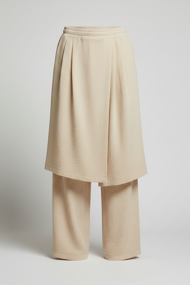 Pantalon Jupe Beige Plissé Ample Superposé Fluide - Viscose - vue 3