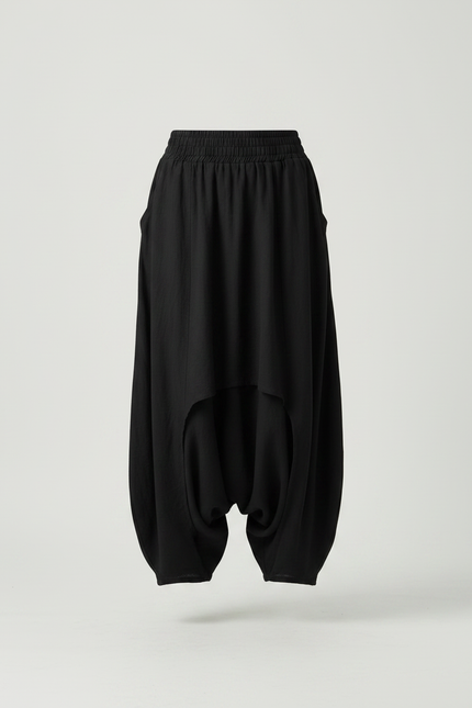 Pantalon Jupe Noir Ample Superposé Élastique Femme Élégant - Lin - vue 3