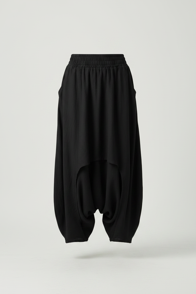 Pantalon Jupe Noir Ample Superposé Élastique Femme Élégant - Lin - vue 3