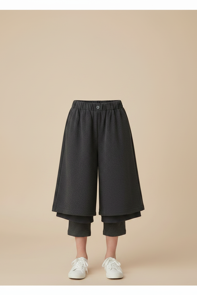 Pantalon Jupe Gris Ample Décontracté Superposé Fille - Molleton - vue 3