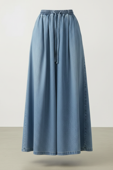 Pantalon Jupe Denim Ample Longue Fluide Élégante - Bleu Jean - vue 3