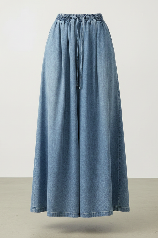 Pantalon Jupe Denim Ample Longue Fluide Élégante - Bleu Jean - vue 3