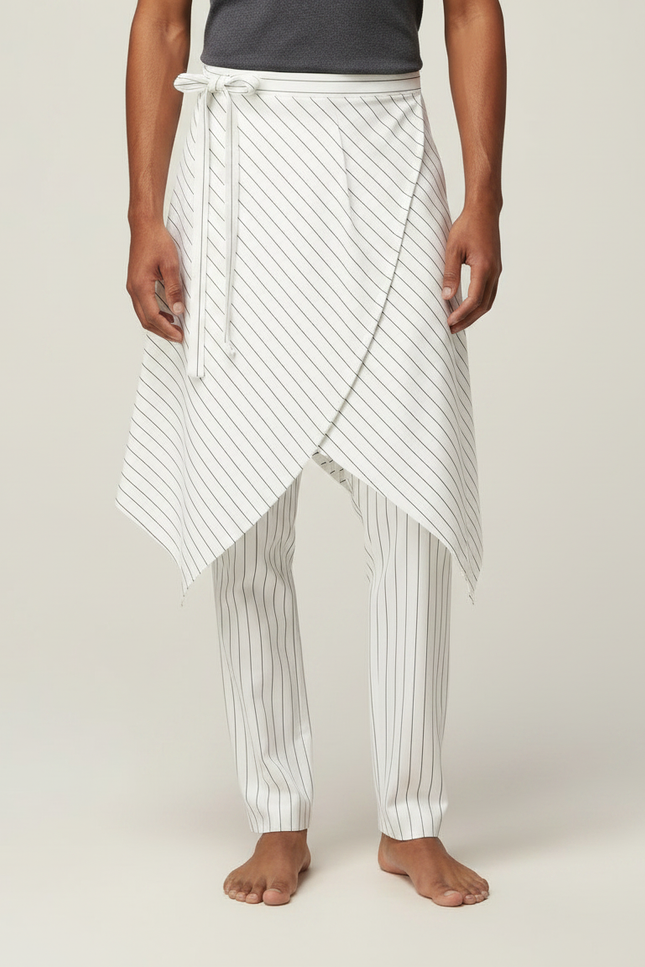 Pantalon Jupe Blanc Rayé Asymétrique Décontracté - Coton - vue 3