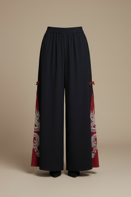 Pantalon Jupe Noir Fendu Dragon Chinois Fluide Élégant - Polyester - vue 3