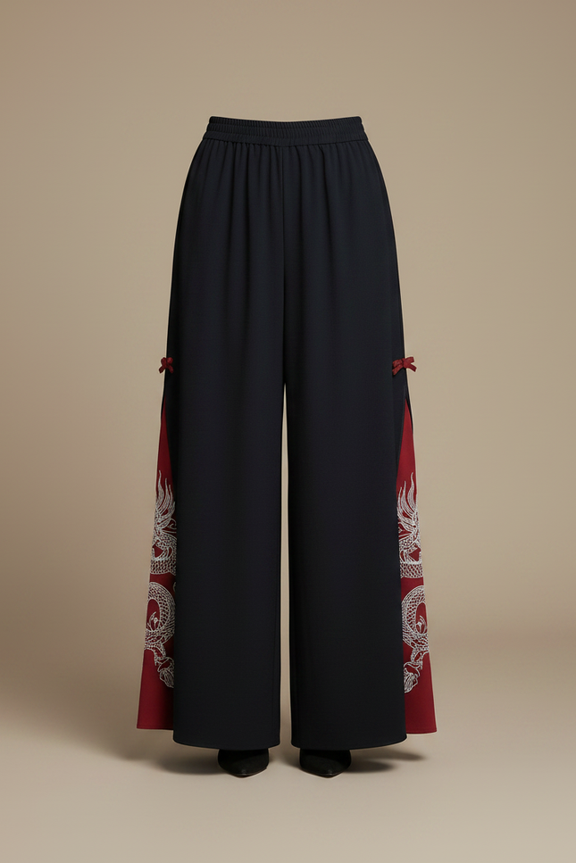 Pantalon Jupe Noir Fendu Dragon Chinois Fluide Élégant - Polyester - vue 3