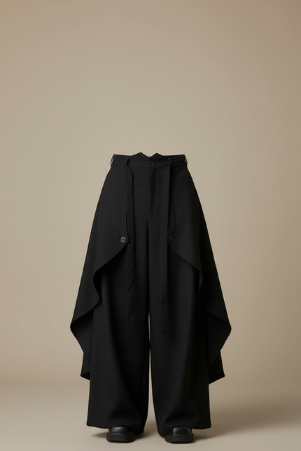 Pantalon Jupe Noir Ample Asymétrique Évasé Fluide - Polyester - vue 3