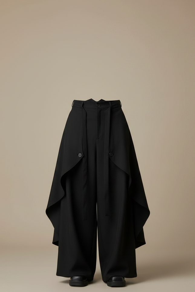 Pantalon Jupe Noir Ample Asymétrique Évasé Fluide - Polyester - vue 3