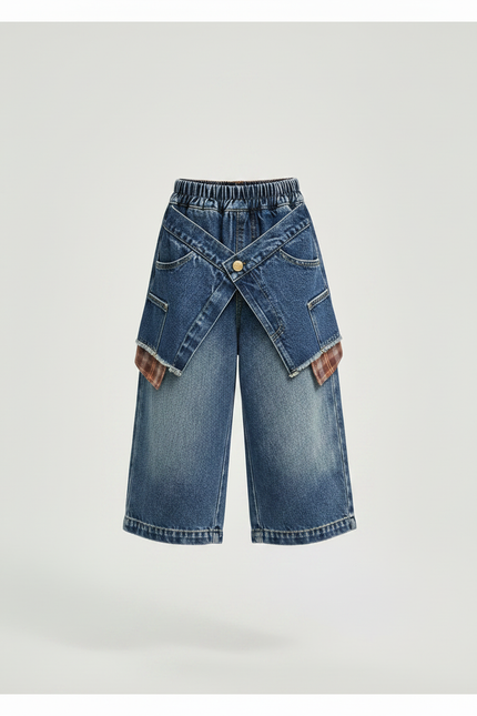 Pantalon Jupe Denim Large Croisé Décontracté Enfant - Bleu Jean - vue 3